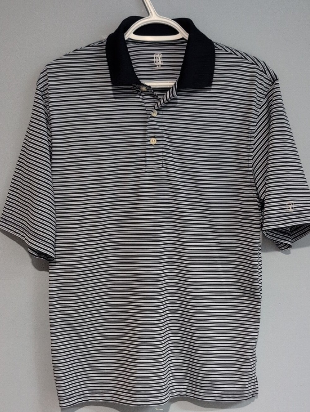 PGA Tour Black and White Striped Polo Navy Blue Collar Size Small